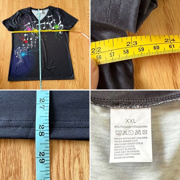 Womens Music Notes Graphic Tee Size XXL Black Rainbow Print V Neck Shirt Top - Picture 4 of 8